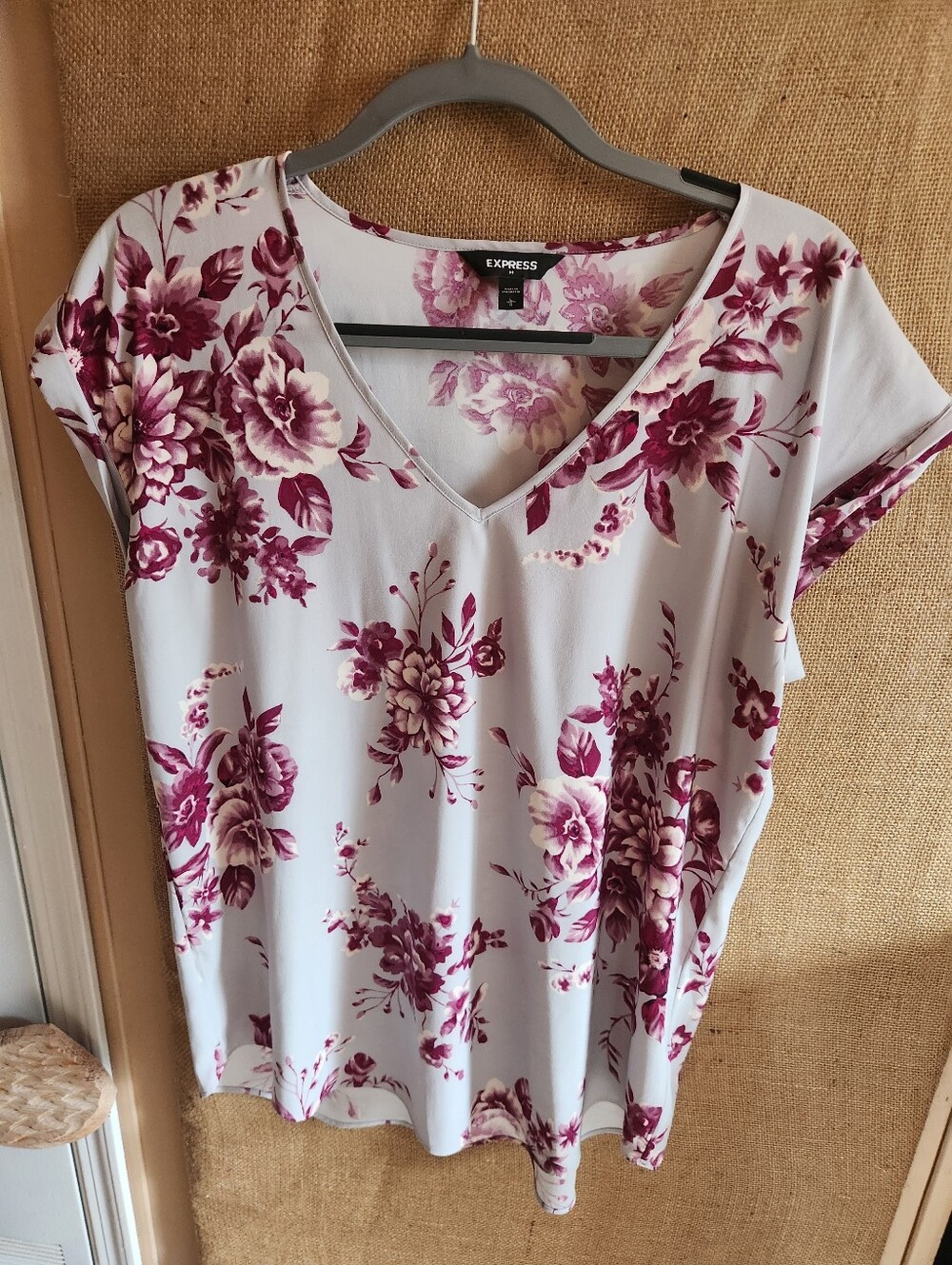 Express Women's Light Blue V-Neck  Blouse with Plum Floral Print